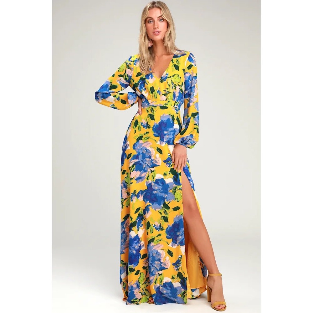 Lulus Carolita Maxi Dress Yellow Blue Floral Long Sleeve High Slit V-Neck M